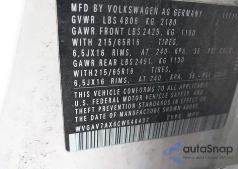 2012 Volkswagen Tiguan S from USA, damaged, VIN WVGAV7AX6CW546437